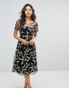 Liquorish Floral Embroidered Midi Dress With Sheer Sleeves - Black