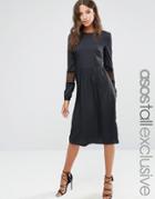 Asos Tall Long Sleeve Midi Dress With Lace Insert - Black