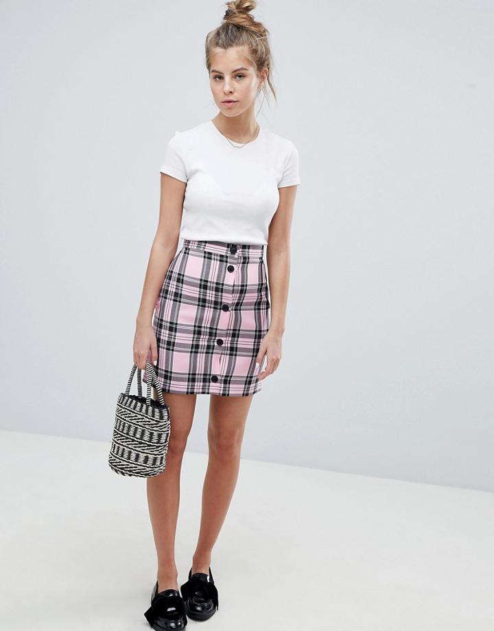 Asos Design Tailored Pink Check Button Through Mini Skirt - Multi
