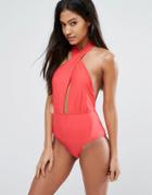 South Beach Cross Neck Plunge Swimsuit - Red