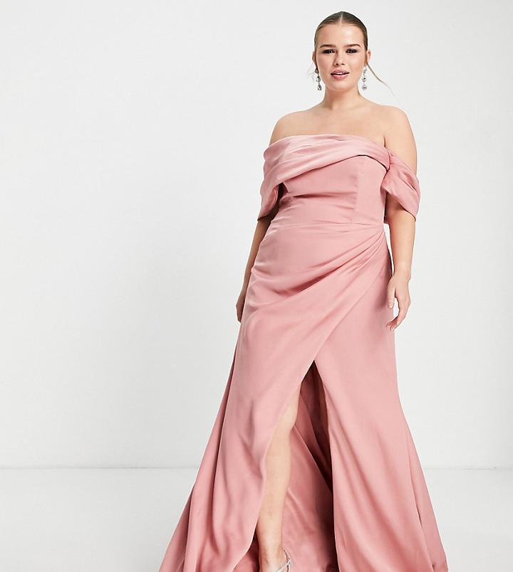Asos Edition Curve Satin Bardot Drape Wrap Maxi Dress In Dusky Rose-pink