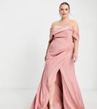 Asos Edition Curve Satin Bardot Drape Wrap Maxi Dress In Dusky Rose-pink