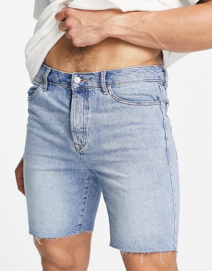 Topman Slim Denim Short In Mid Wash-blue