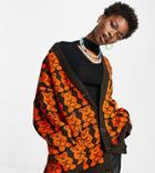 Collusion Unisex Cardigan With Gummy Bear Jacquard In Brown And Orange-multi
