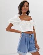Asos Design Denim Milkmaid Crop Top In White - White