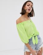 Bershka Bardot Blouse In Green - Green