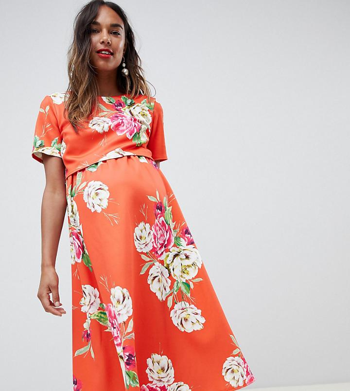 Asos Design Maternity Double Layer Midi Dress In Floral Print-multi