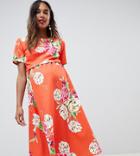 Asos Design Maternity Double Layer Midi Dress In Floral Print-multi