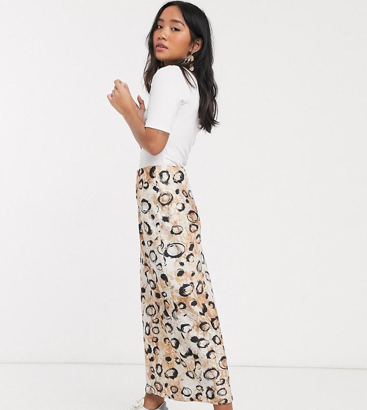 Asos Design Petite Satin Bias Midi Skirt In Smudged Leopard Print-multi