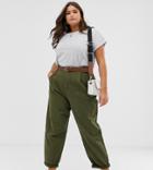 Asos Design Curve Tapered Boyfriend Jeans With Curved Seams In Khaki Wash With Belt Detail - Green