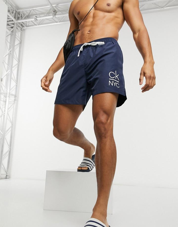Calvin Klein Medium Length Swim Shorts In Dark Navy