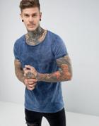 Asos Longline T-shirt With Roll Sleeve And Acid Wash In Indigo - Blue