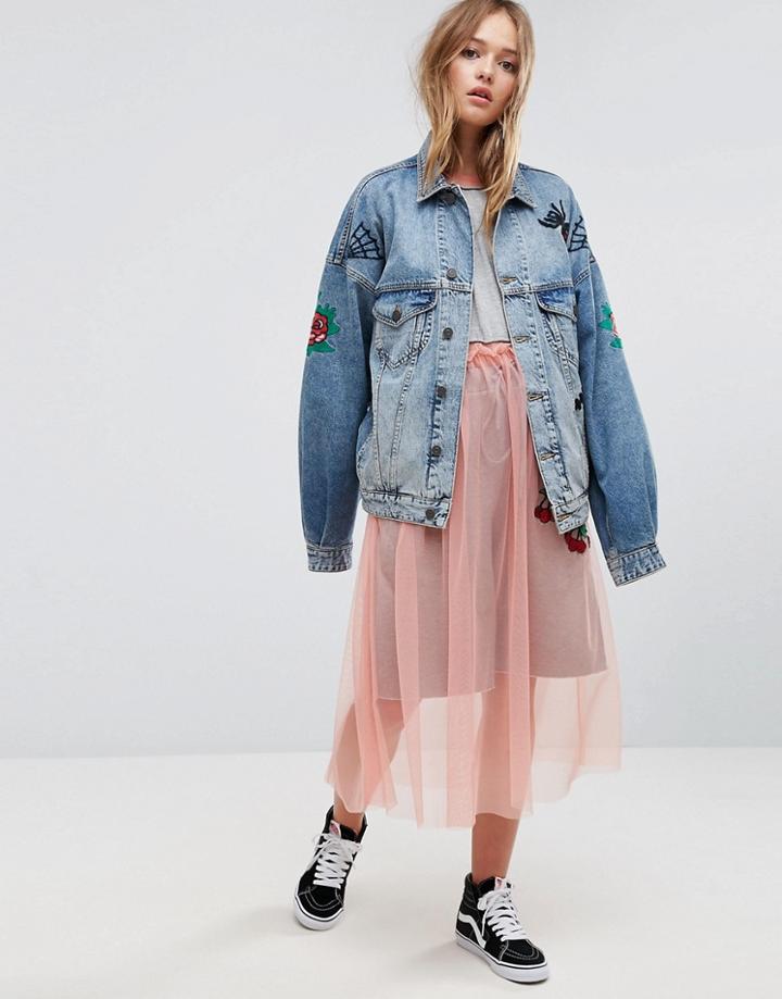 Asos X Lot Stock & Barrel Unisex Denim Jacket With Embroidery - Blue