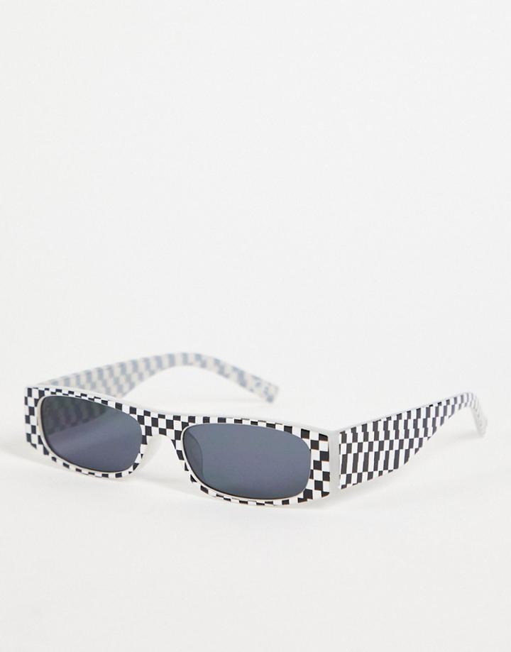 Asos Design Mini Rectangle Sunglasses With Checkerboard Design In Black And White - Black