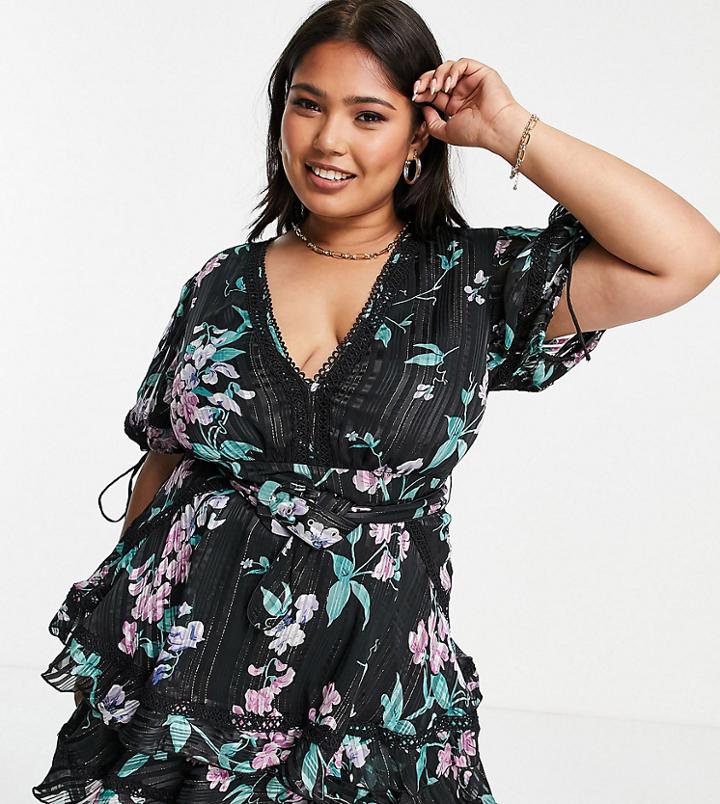 Asos Design Curve Tiered Mini Dress With Puff Sleeve In Burnout Stripe In Dark Floral-black