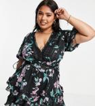 Asos Design Curve Tiered Mini Dress With Puff Sleeve In Burnout Stripe In Dark Floral-black