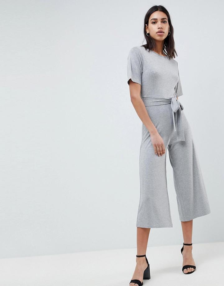 Asos Design Jersey Jumpsuit With Tie Waist And Culotte Leg - Gray