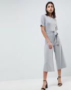 Asos Design Jersey Jumpsuit With Tie Waist And Culotte Leg - Gray