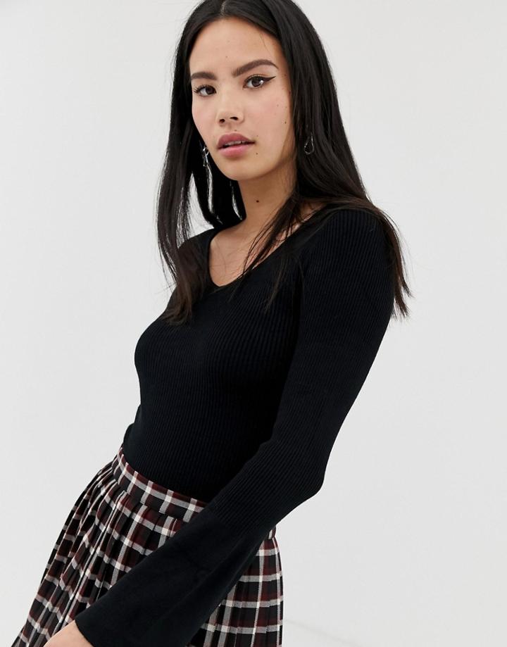 Brave Soul V Neck Sweater With Flared Sleeves In Black