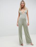 Asos Design Jumpsuit With Low Plunge Detail In Slinky Jersey - Green