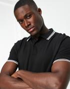 Pull & Bear Basic Tipped Polo Shirt In Black