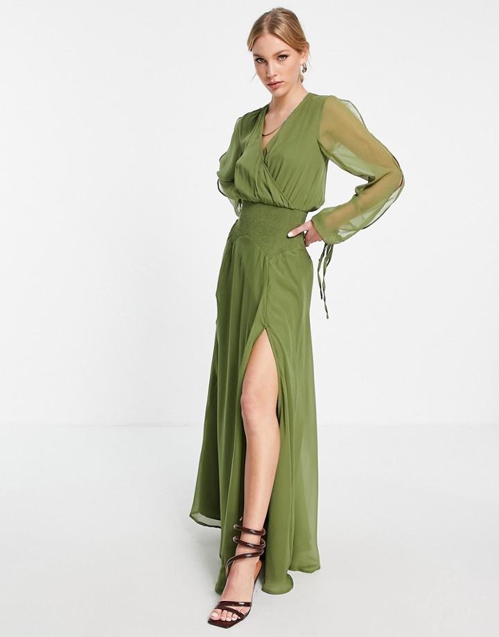 Asos Design Shirred Maxi Dress With Drop Waist In Khaki-green