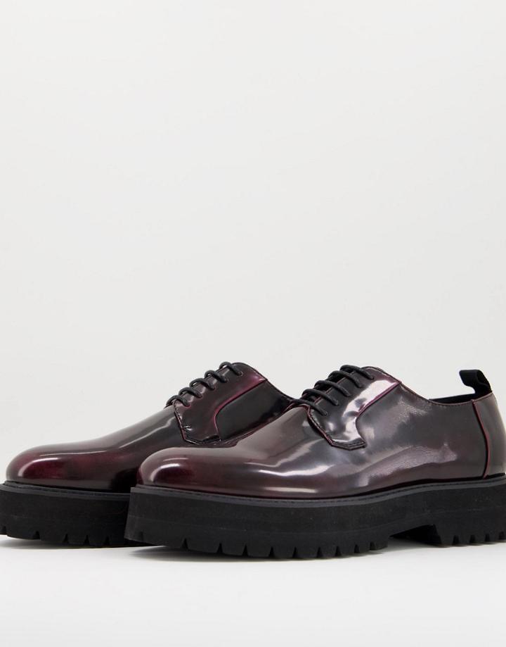 Asos Design Lace Up Shoes In Burgundy Faux Leather On Raised Chunky Sole-red