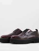 Asos Design Lace Up Shoes In Burgundy Faux Leather On Raised Chunky Sole-red