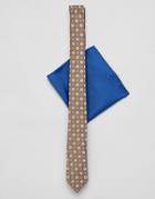 Asos Design Slim Wedding Tie In Mustard Print With Pocket Square - Yellow