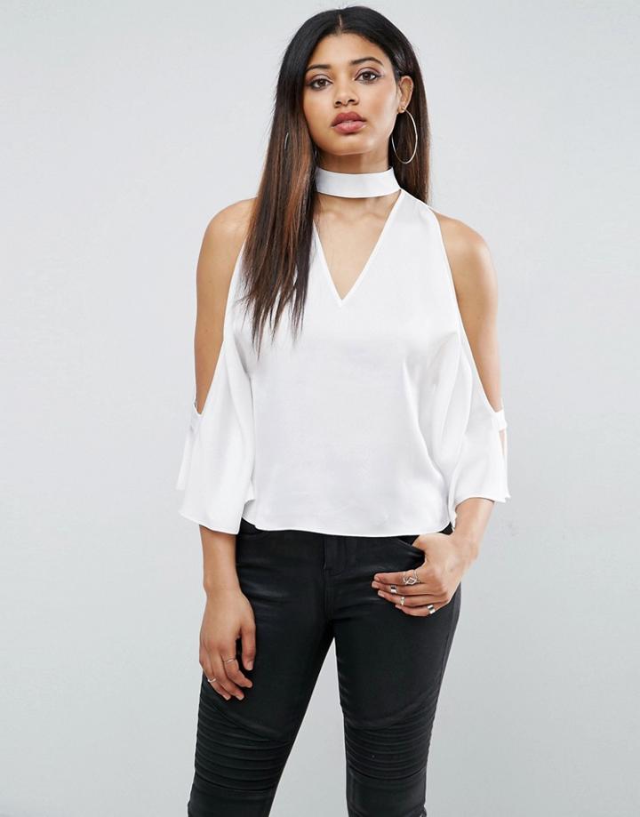 Asos Cold Shoulder Satin Swing Top With Deep Plunge And Choker Detail - White