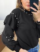 Violet Romance Sweater With Frill Pearl Detail In Black