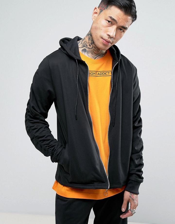 Night Addict Tally Zip Thru Hoodie With Sleeve Rouching - Black