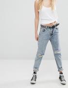 Pull & Bear Mom Jean With Stud Detail And Knee Rips - Blue