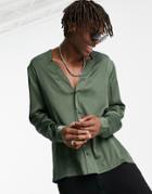 Asos Design Regular Shirt With Notch Neck In Satin-green