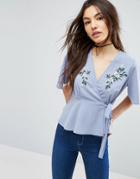 Asos Wrap Tea Blouse With Embroidery - Blue