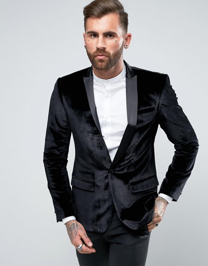 Asos Skinny Blazer In Black Velvet - Black