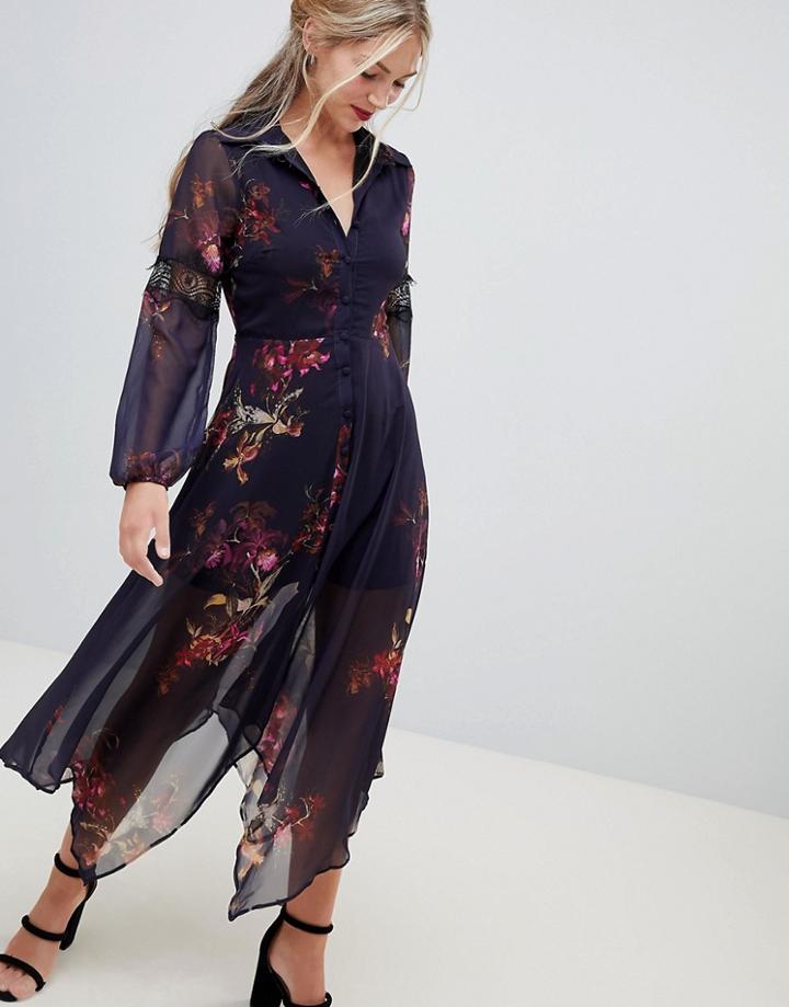 Hope & Ivy Long Sleeve Floral Dip Hem Shirt Dress - Multi