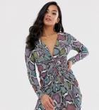 Flounce London Petite Twist Front Mini Dress In Multi Snake