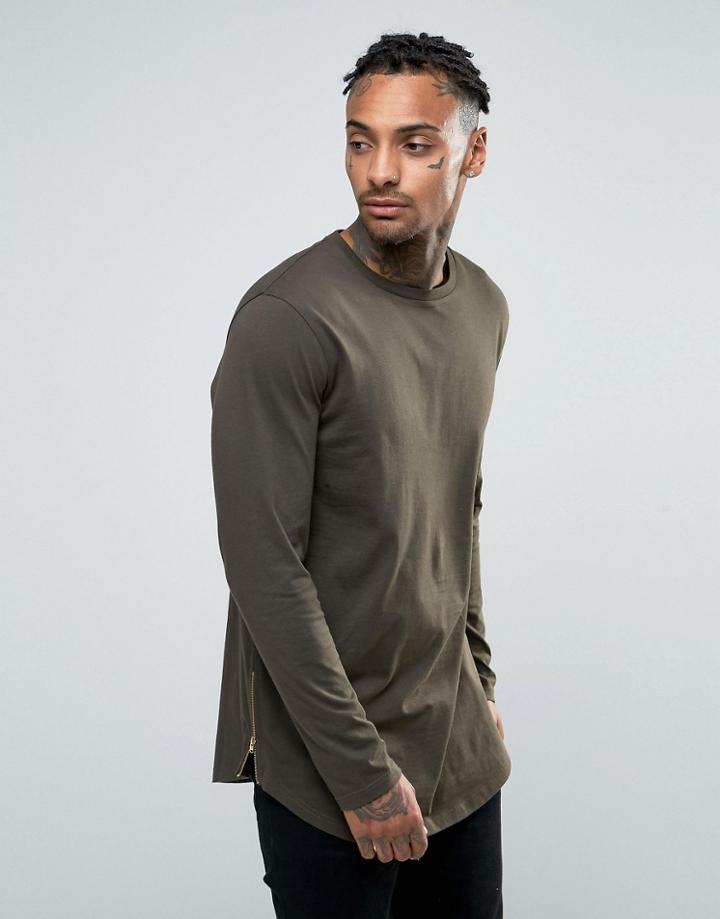 Asos Longline Long Sleeve T-shirt With Curve Hem And Zip - Green