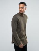 Asos Longline Long Sleeve T-shirt With Curve Hem And Zip - Green