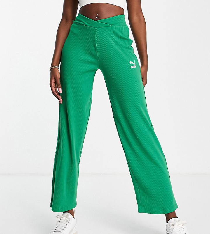 Puma Ribbed High Waist Wide Leg Pants In Green - Exclusive To Asos