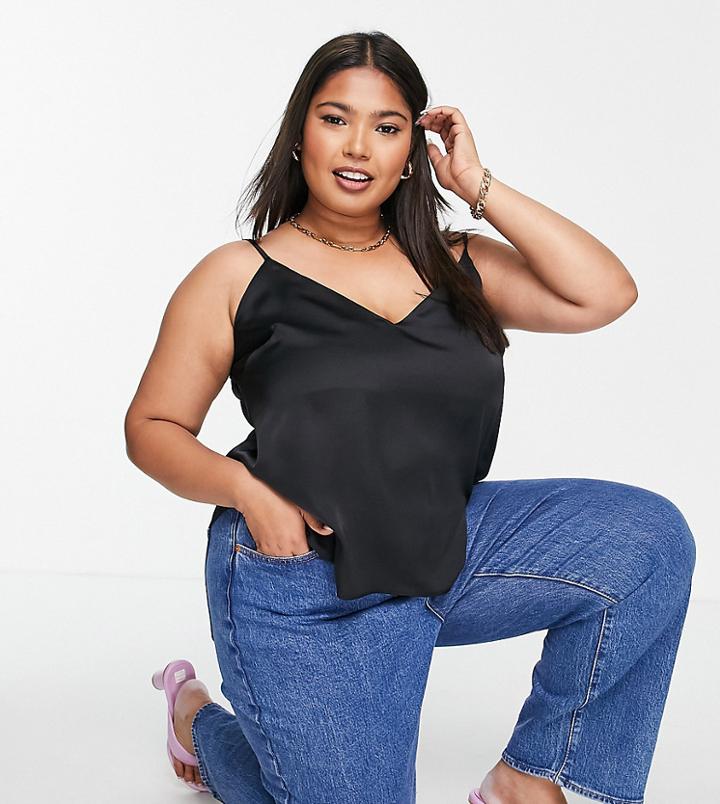 Asos Design Curve Satin Cami With Wrap Back Detail In Black