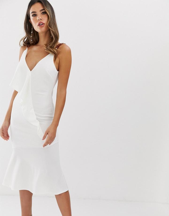 Asos Design Tortoise Strap Midi Dress With Ruffle Detail-brown