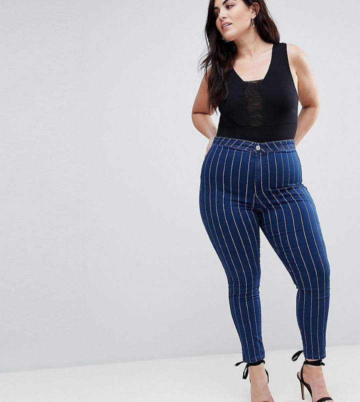 Asos Curve Rivington High Waist Denim Jeggings In Indigo With White Stripes - Blue