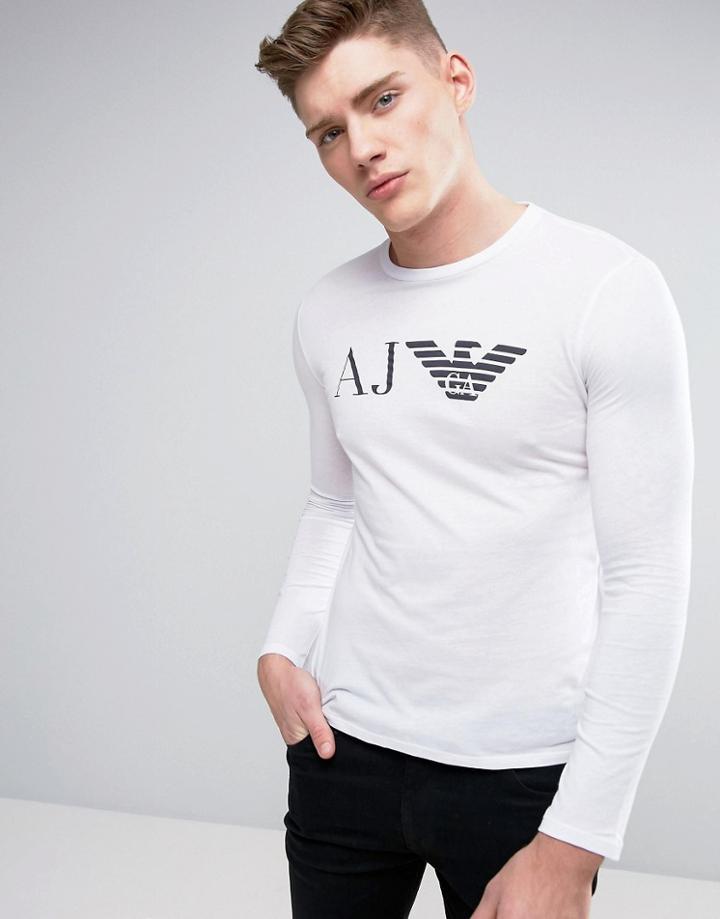 Armani Jeans Long Sleeve Top Slim Fit Eagle Logo In White - White