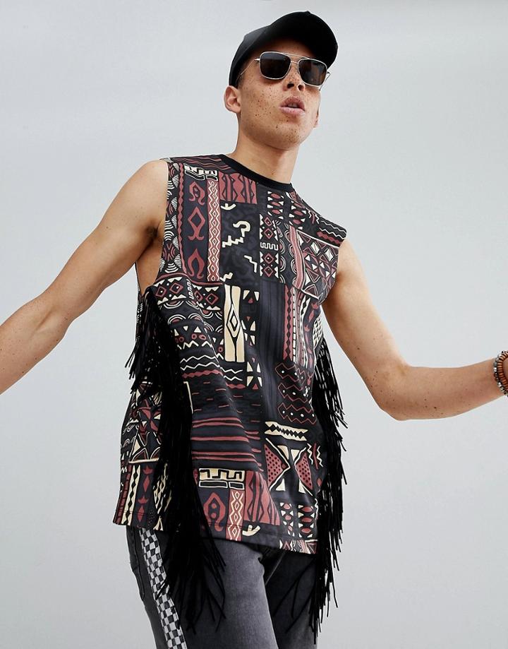 Asos Design Oversized Tank With All Over Festival Geo-tribal Print And Tassels - Multi