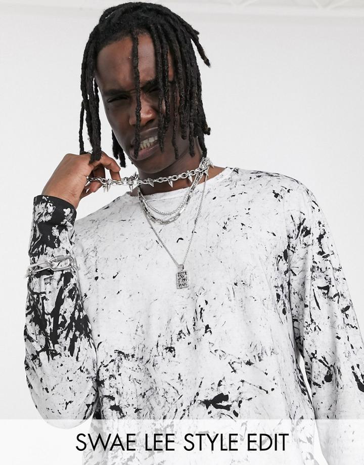 Asos Design Organic Cotton Relaxed Longline Long Sleeve Shirt With Curved Hem In White Tie-dye Wash