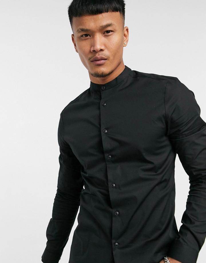 Asos Design Skinny Fit Shirt In Black With Band Collar