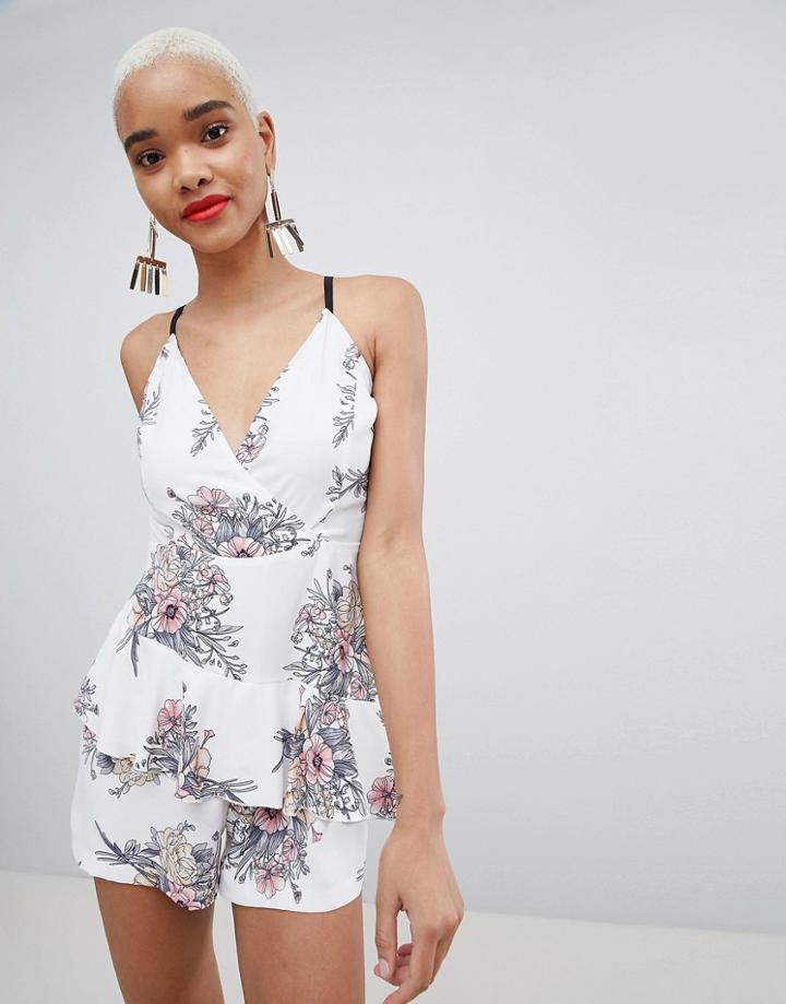 Prettylittlething Floral Romper - White