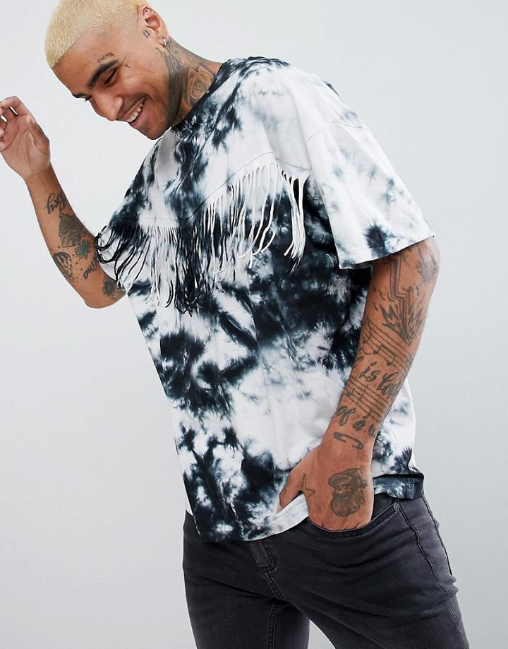 Asos Design Festival Oversized T-shirt In Tie-dye Wash And Fringing - Gray